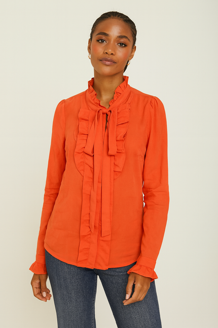 VEROMODA Womens Orange Solid Frill and Ruffle Detail Tie-Up Neck Top XS Size