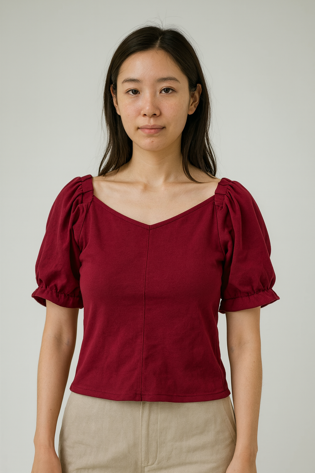 Womens Casual Puff Sleeves Solid Women Maroon Top S Size