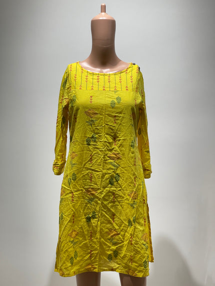 MAX Yellow & Green Printed Pure Cotton Straight Kurti Womens - M Size