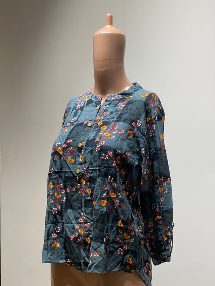 Casual Regular Sleeves Floral Print Women Blue Top-  L Size