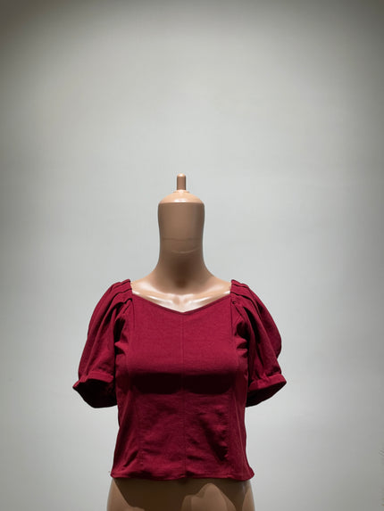 Womens Casual Puff Sleeves Solid Women Maroon Top S Size