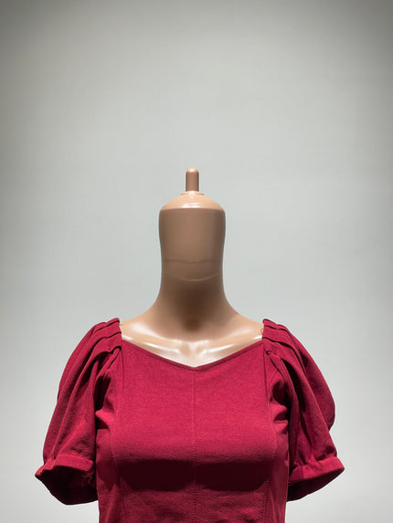 Womens Casual Puff Sleeves Solid Women Maroon Top S Size