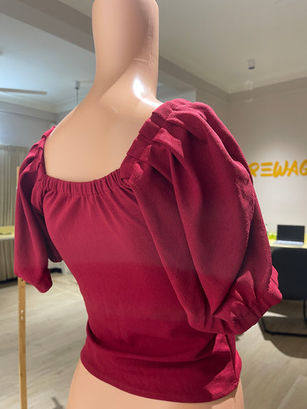 Womens Casual Puff Sleeves Solid Women Maroon Top S Size