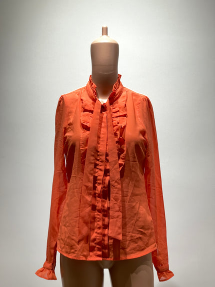 VEROMODA Womens Orange Solid Frill and Ruffle Detail Tie-Up Neck Top XS Size
