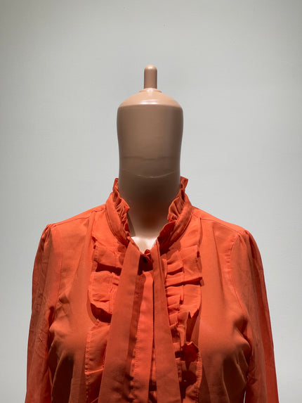 VEROMODA Womens Orange Solid Frill and Ruffle Detail Tie-Up Neck Top XS Size