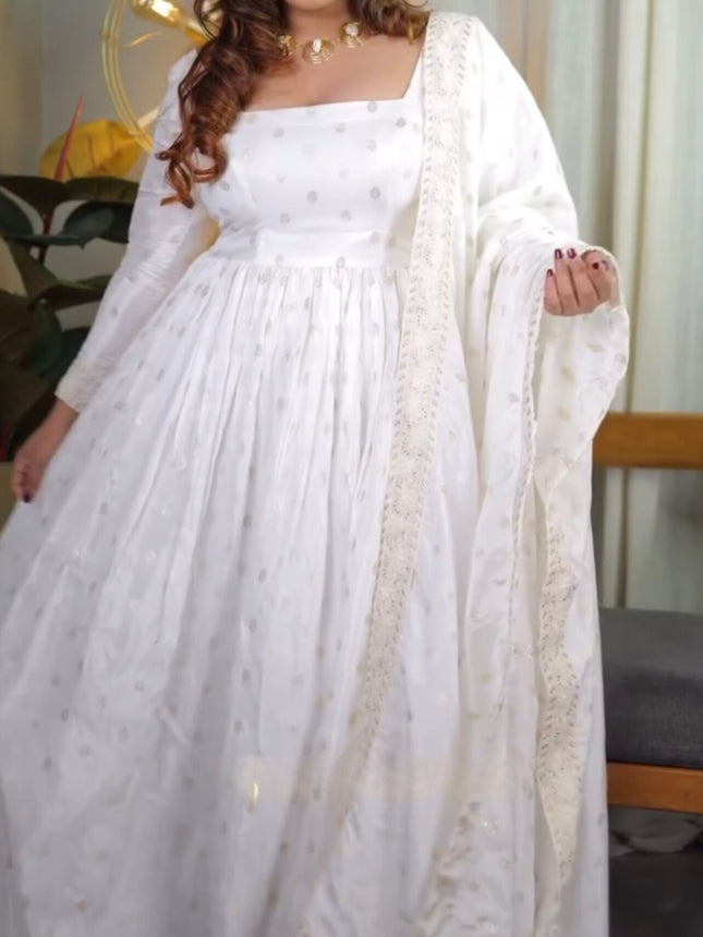 White Anarkali Set Women’s Full Sleeve - L Size