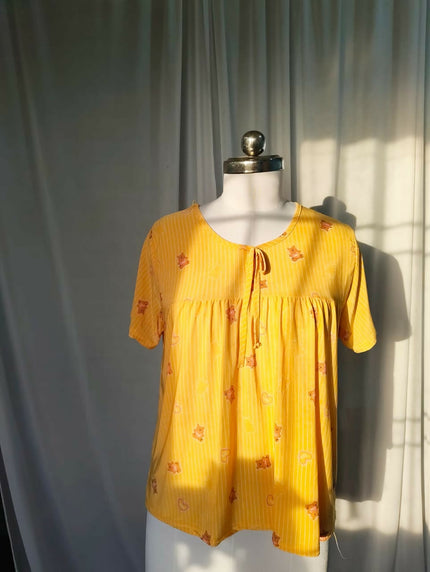 women's yellow cotton nightdress with a subtle stripe pattern - (S-M) Size