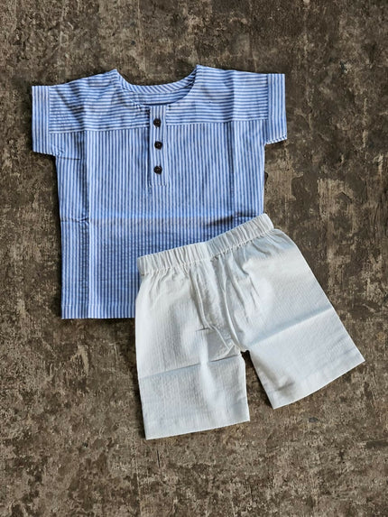 Blue Pinstripe Shirt & White Shorts Set for Boys (2-3yrs)