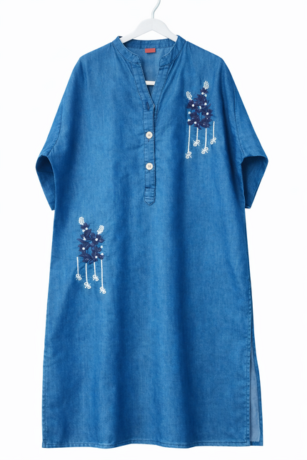 Women's Blue Embroidered Denim Kurta Dress - XL Size