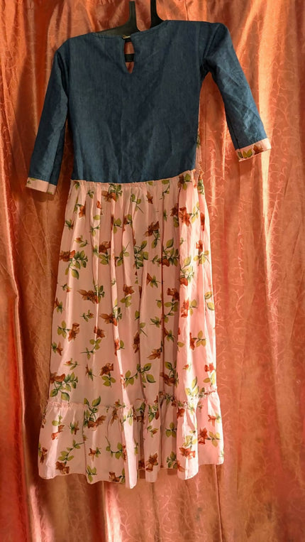 Womens Girl's Floral dress with denim yoke - L Size