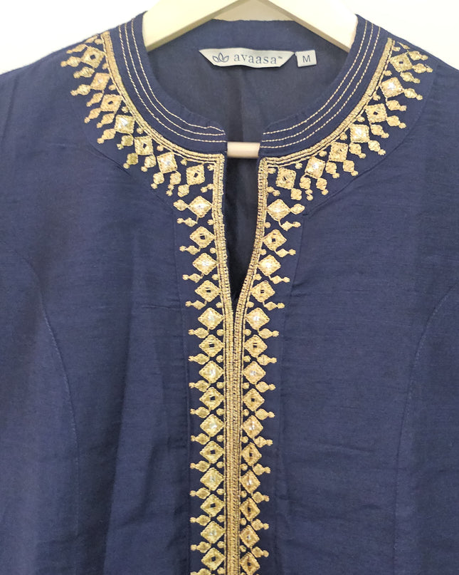 AVAASA Women's Round Neck Blue Cotton Kurti - M Size