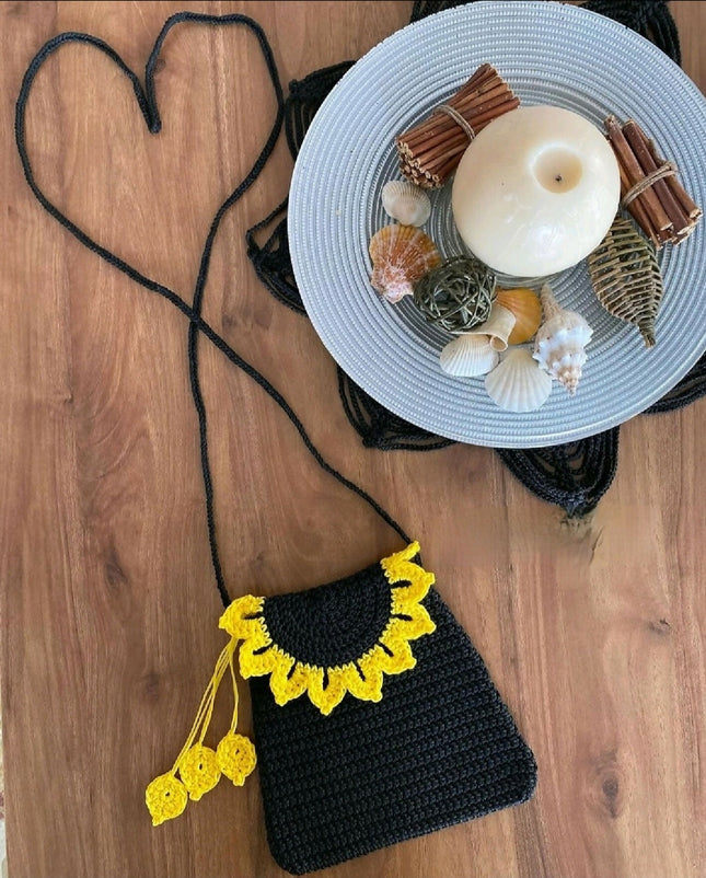 Crochet Sunflower Black Sling Bag