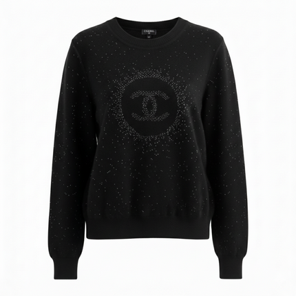 Authentic Pristine✨ CHANEL black cupro blend CC starburst logo lurex long sleeve sweater FR36!