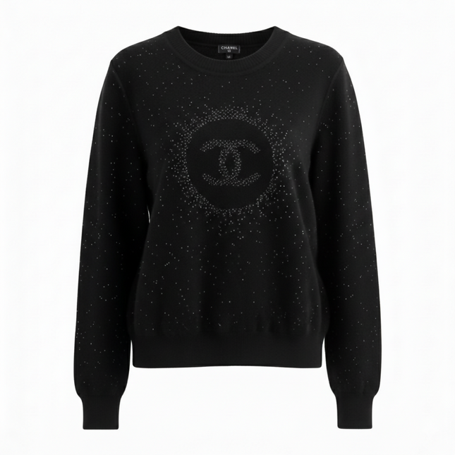 Authentic Pristine✨ CHANEL black cupro blend CC starburst logo lurex long sleeve sweater FR36!