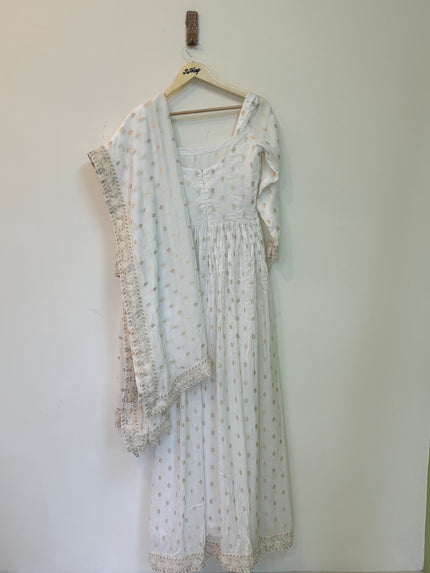 White Anarkali Set Women’s Full Sleeve - L Size