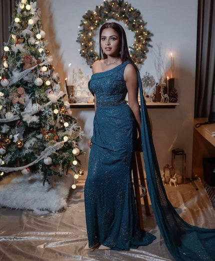 Women's One-Shoulder Long Prom Blue Gown - S Size