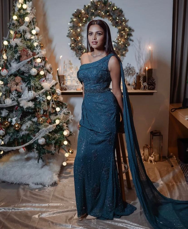 Women's One-Shoulder Long Prom Blue Gown - S Size