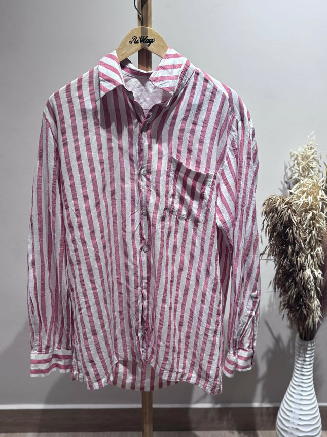 Men's Casual White Pink Line Shirt - XL Size