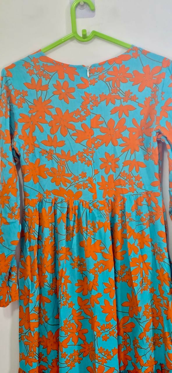 Cortigiani Orange and blue Rayon Maxi Dress – Small Size – Rewago