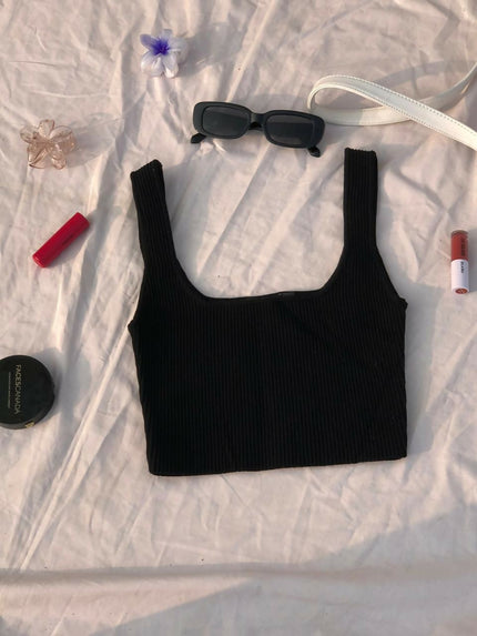 Women's Black Ribbed Square Neck Top - XS Size [NEW]