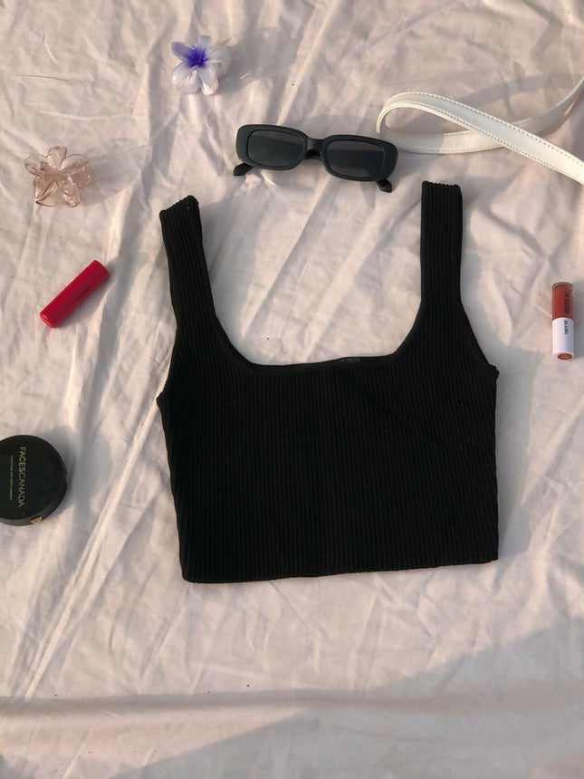 Women's Black Ribbed Square Neck Top - XS Size [NEW]