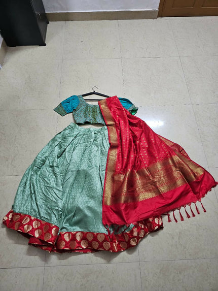 Aqua Green and Red Half Saree (Dhavani) of S size