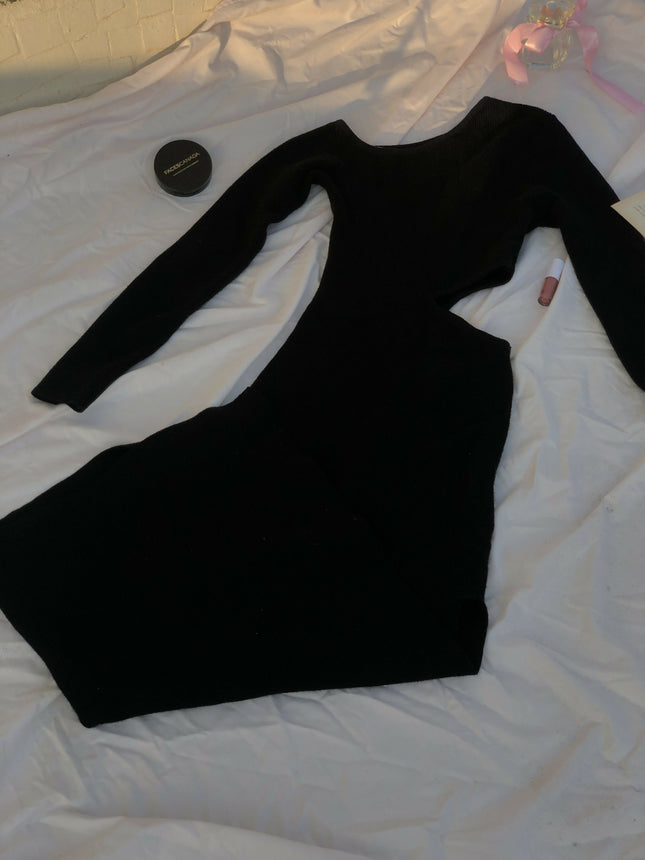 Black ribbed waist cutout bodycon dress