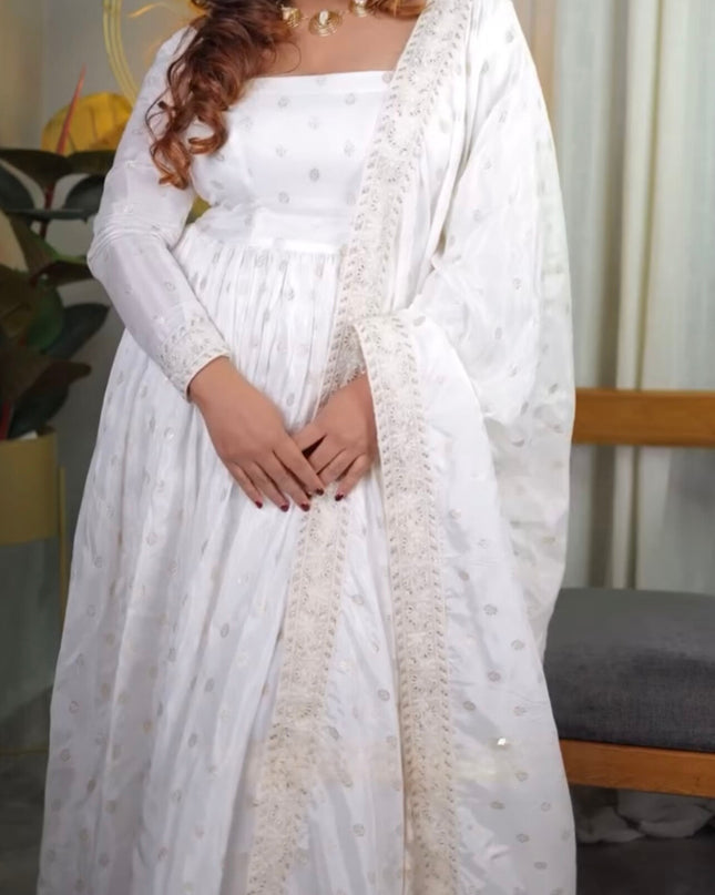 White Anarkali Set Women’s Full Sleeve - L Size