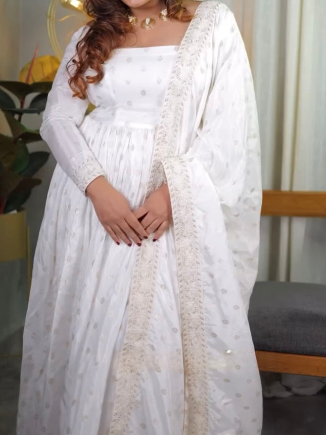 White Anarkali Set Women’s Full Sleeve - L Size