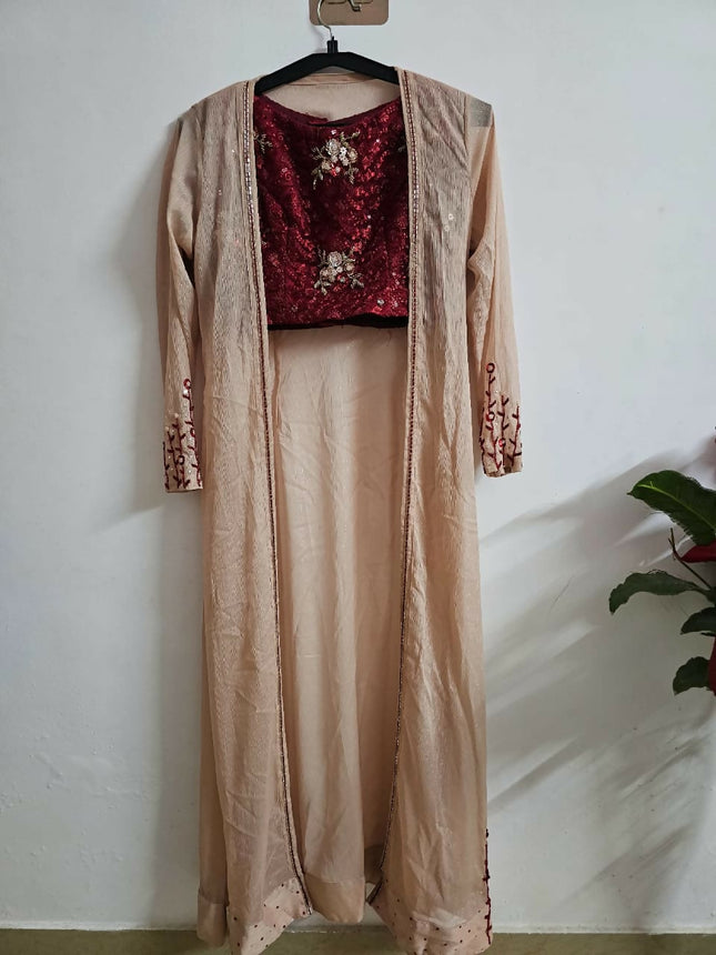 Party wear Beige-Red Designer gown of S-M size