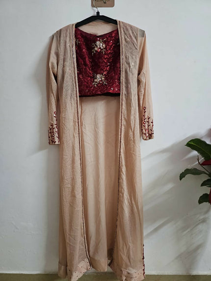 Party wear Beige-Red Designer gown of S-M size