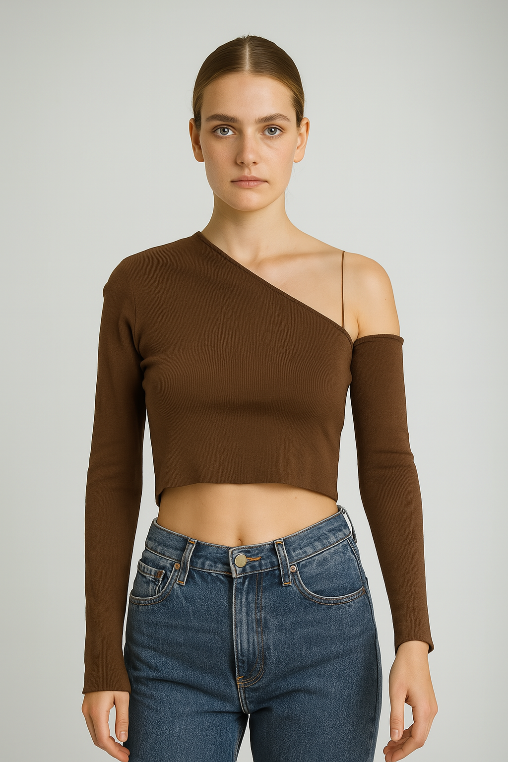 FOREVER 21 Womens Casual One Shoulder Sleeves Solid Brown Top S Size
