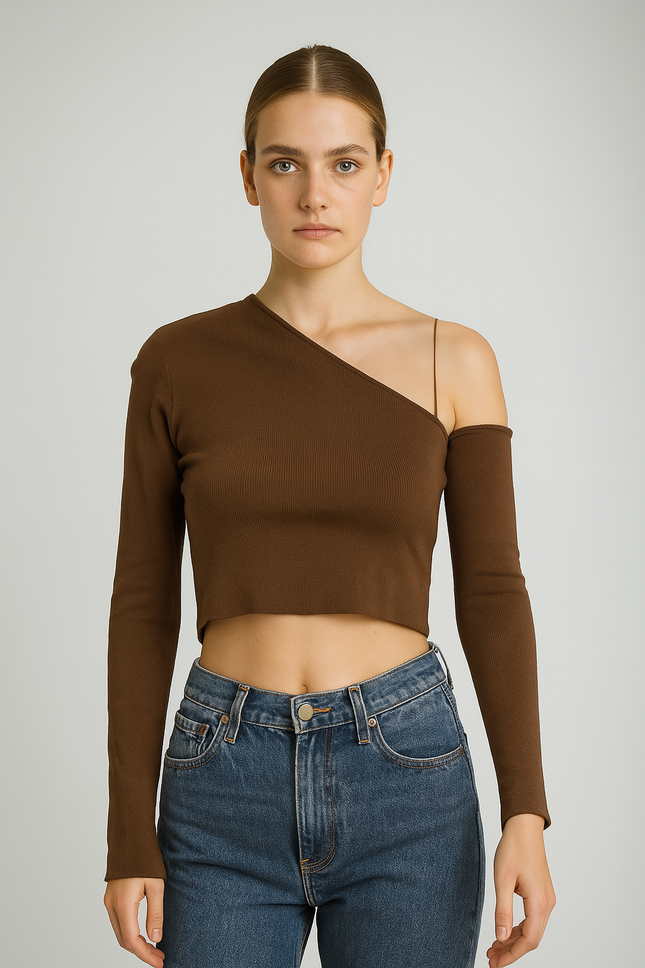 FOREVER 21 Womens Casual One Shoulder Sleeves Solid Brown Top S Size