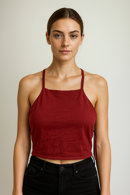 FOREVER 21 Women's Casual Noodle Straps Solid Red Top - S Size