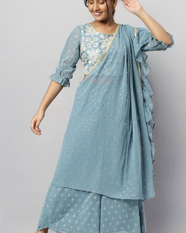 Aurelia Women’s Greyish Blue Crop top & Palazzo Partywear Set - L size