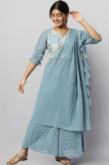 Aurelia Women’s Greyish Blue Crop top & Palazzo Partywear Set - L size
