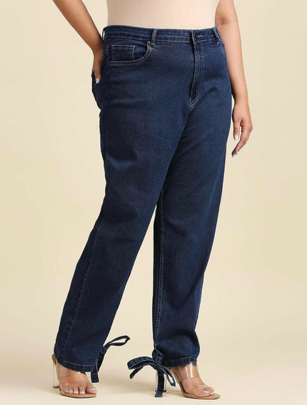 Women's blue stretchable jeans with Bow ends- 42 size