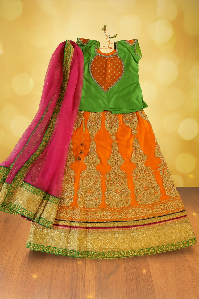 Girls Embroidered Lehenga Choli with Dupatta – Green & Orange