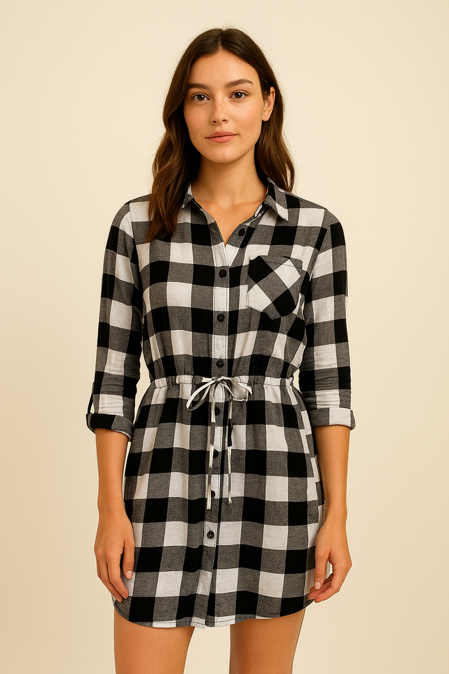 Women's B&W Full Sleeve Checked Long Shirt  - L Size