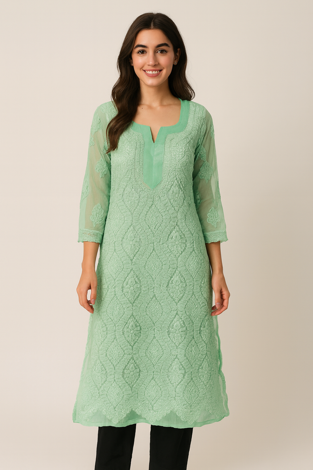 Original Chikankari Premium Pista Green Colour Kurta with Unique Combination - M Size