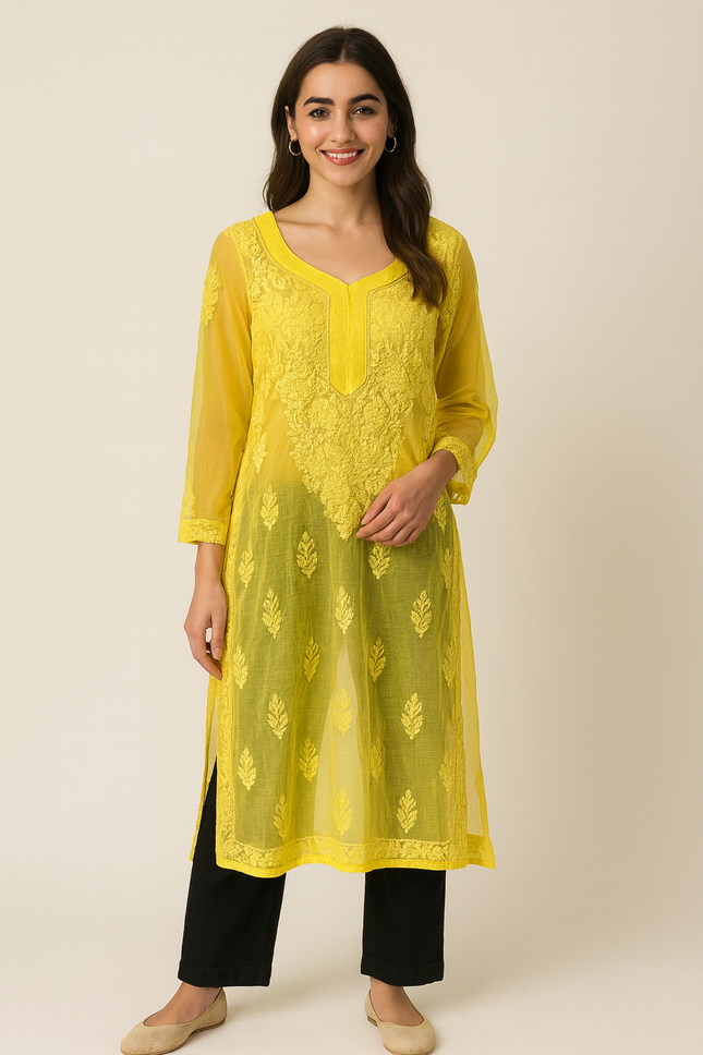 (Original Chikankari) Women Embroidery Georgette Straight Kurta Yellow - L Size