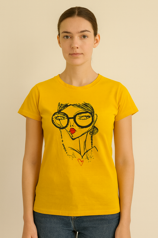 Women's Graphic Print Round Neck Pure Cotton Yellow T-Shirt - S Size