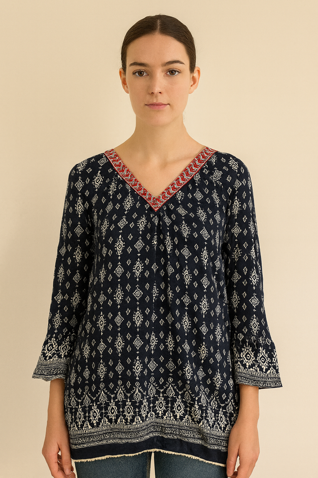 Women's Regular Sleeves Printed Black Top -M Size