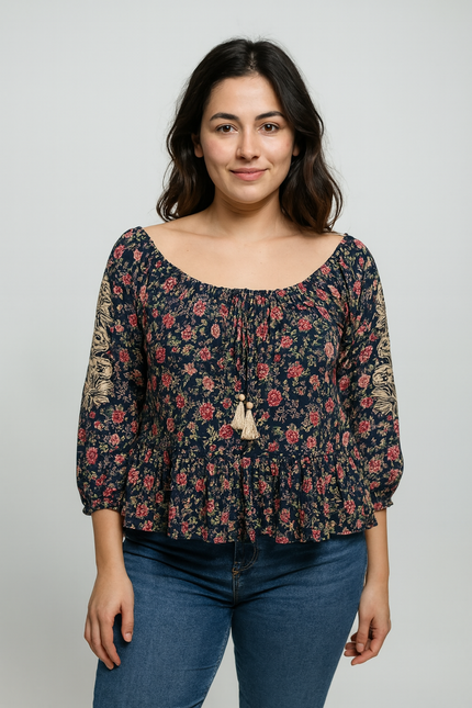 Bombay Boutique Collection Women's Embroidered Navy Blue Top - L Size