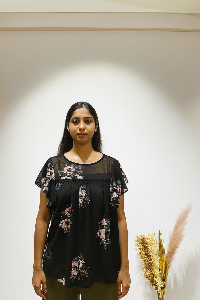 Women's  Floral Printed Black Top - M Size
