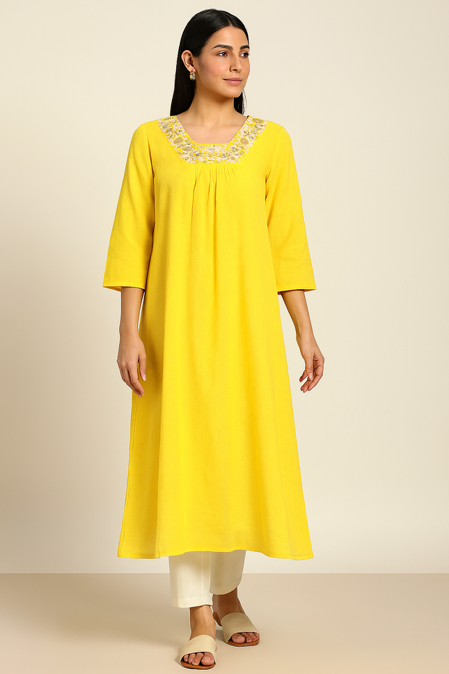 KALINI Women's Anarkali Yellow kurta with trousers and dupatta - XS Size