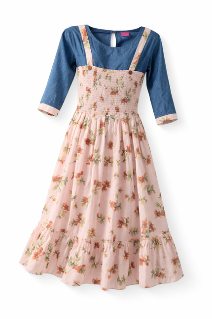 Womens Girl's Floral dress with denim yoke - L Size