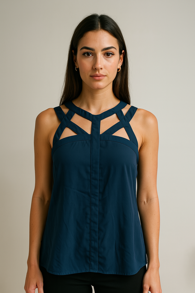 MDS Women's Solid Fit and Flare Blue Top - S Size