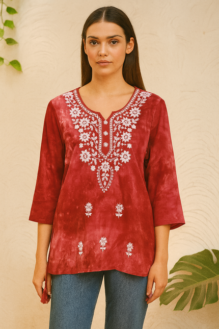 BOMBAY Collections Redish-Pink Embroidered Tunic Top - M Size