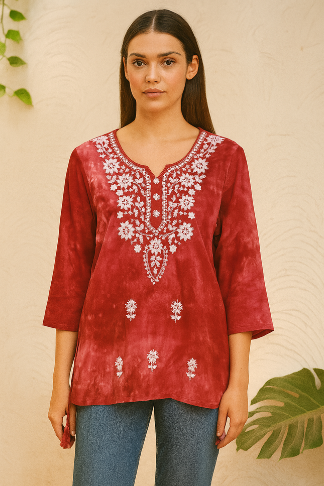 BOMBAY Collections Redish-Pink Embroidered Tunic Top - M Size